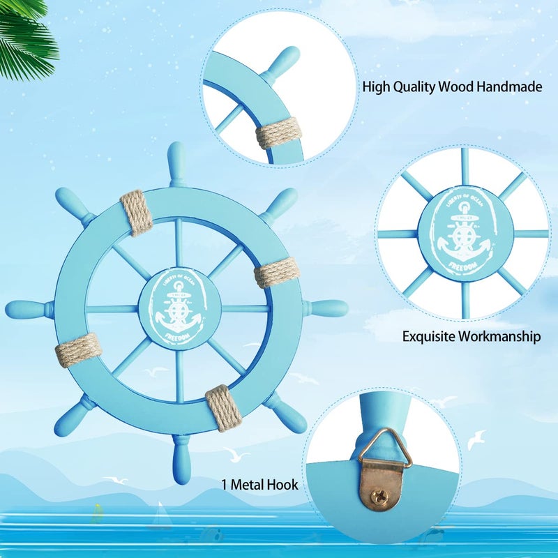 Meching 2 Pack 11" Nautical Wooden Ship Wheel and 13" Wood Anchor with Rope Nautical Boat Steering Wheel Rudder Anchor Wall Decor Door Hanging Ornament Beach Theme Home Wall Decoration(Light Blue) - Image 4